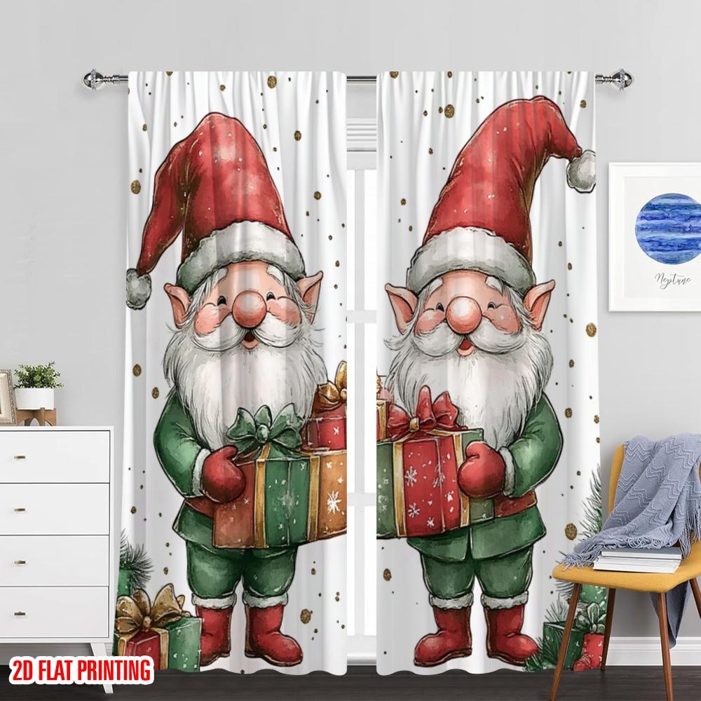Set Of 2 Plane Printing Curtains Digital Printed Christmas Gnomes Gift Giving Polyester Without Rod Holiday Perfect Made