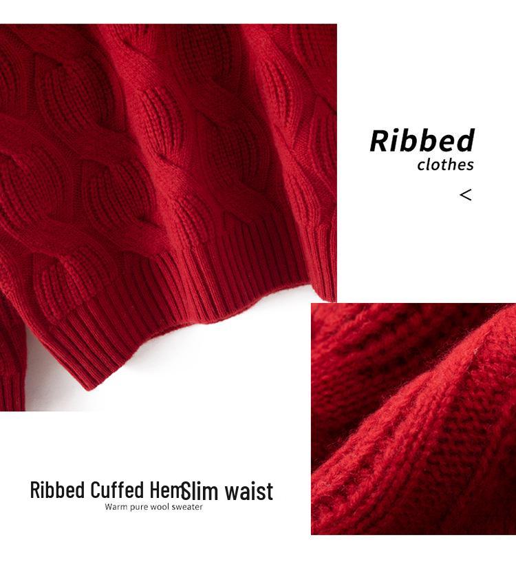 Women's Red 100% Pure Wool Lantern Sleeve Sweater with Half-High Collar and Twist Pattern - Loose Knit Pullover