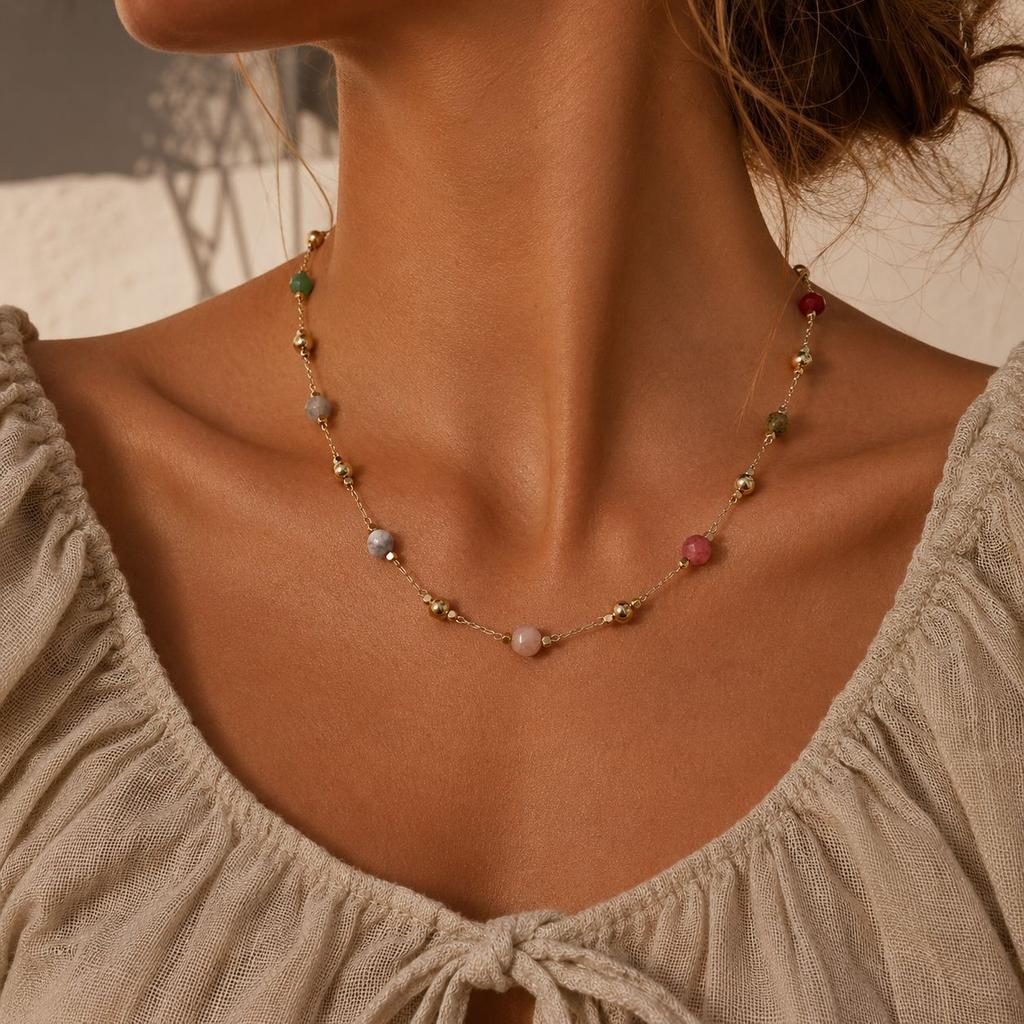 Simple Classic Creative Round Beads Rice Beads Woven Neck Necklace Vacation Wind Beaded Contrasting Color Necklace Collarbone Chain Women