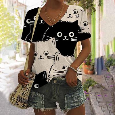 Ladies' V-neck Short Sleeve Tee Tops 3d Cartoon Cute Digital Printed Loose Casual T-shirt