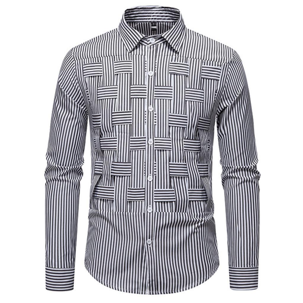 Men's Casual Solid-color Long-sleeved Shirt, Men's Button-style Striped Woven Stand-up Collar Shirt