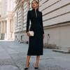 Womens High-Waist Long Sleeve Fitted Midi Dress With Stand Collar Pure Color Office Elegant Party