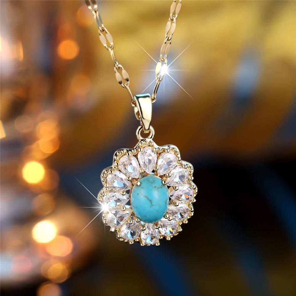 Female Crystal White Zircon Blue Stone Pendant Necklace Vintage Gold Color Wedding  For Women