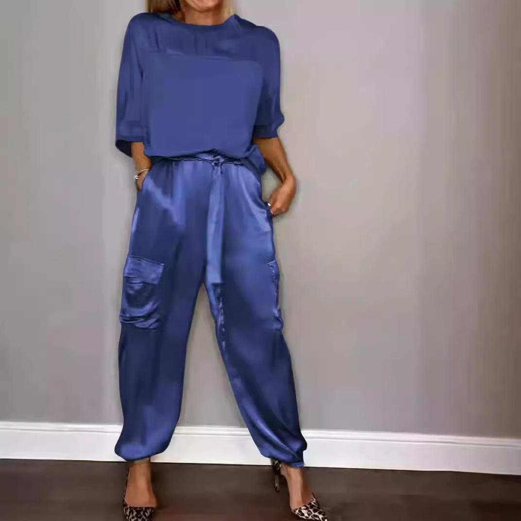 

Spring Women s Fashionable Smooth Satin Half Sleeve Top With Strap Pants Pocket Set Half Sleeve Pants Two Piece Set S синій