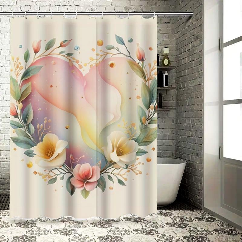 Watercolor Floral And Heart Waterproof Shower Curtain