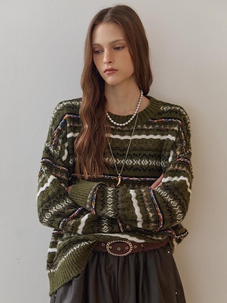 MAXZA Color Mix Fair Isle Pattern Round Neck Knit