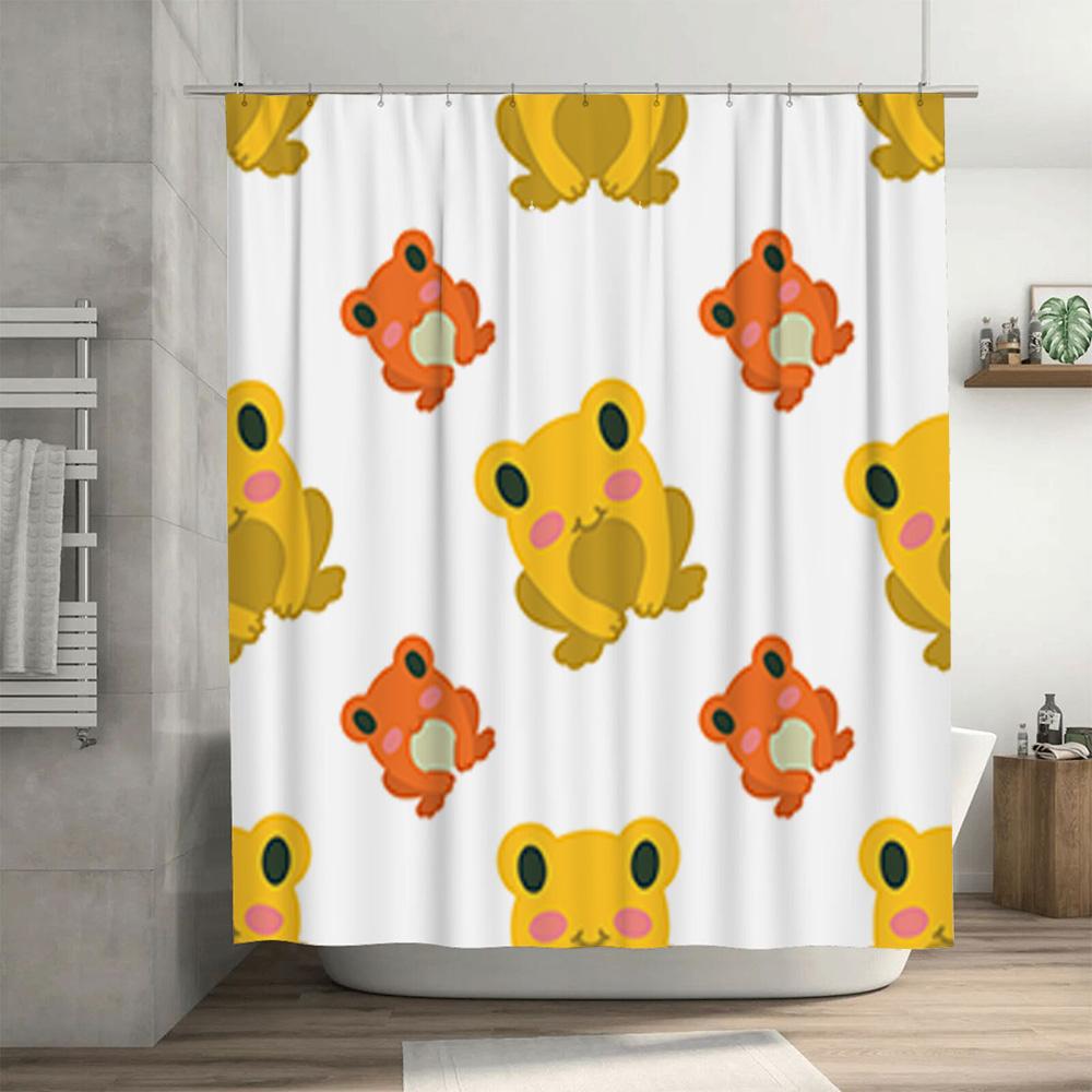 Polyester Waterproof Bathroom Curtains With Cartoon Animal Prints For Kids, Featuring Cute Frogs In Yellow And Orange Colors Mod