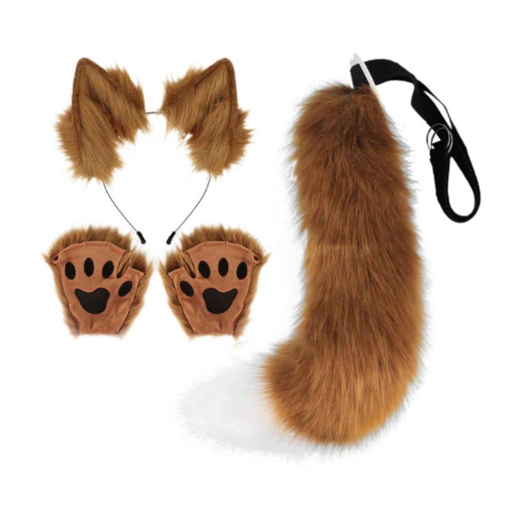 Faux Ears and Tail Set Ear Headband Costume Cosplay Animals Ears and Tail for Mardi Gras Kids Adults Stage Shows Carnival Easter