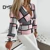 Women Spring Shirt Deep V Neck Pleated Striped Color Matching Long Sleeve Solid Color Lantern Sleeve Slim Fit OL Commute Top