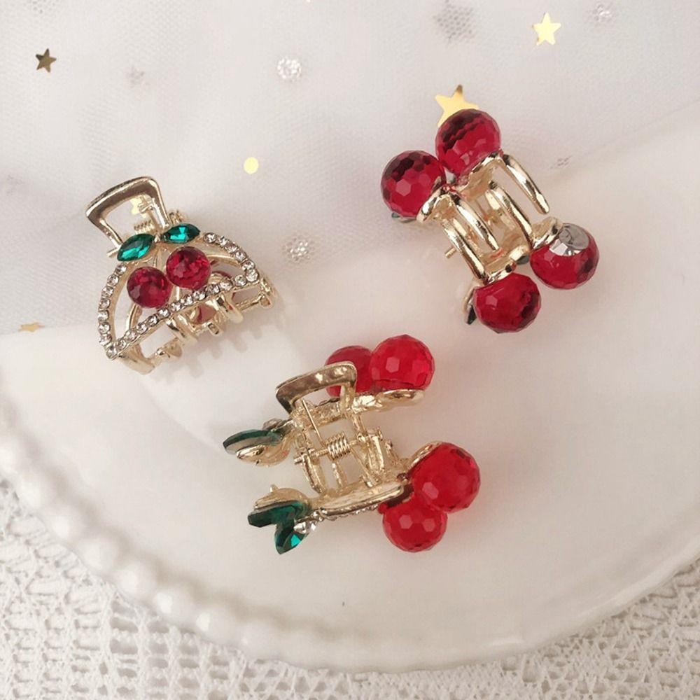 Mini Red Korean Style Headwear Rhinestone Hairpin Cherry Hair Claw Female Hair Accessories