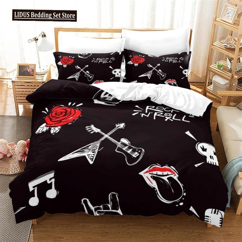 

Guitar Quen Soft durable Quality Duvet Cover Rock Music Theme Beding Set Grunge Color Splashed Brick Wal Background Electronic Guitar Mics Design 100*200cm Single