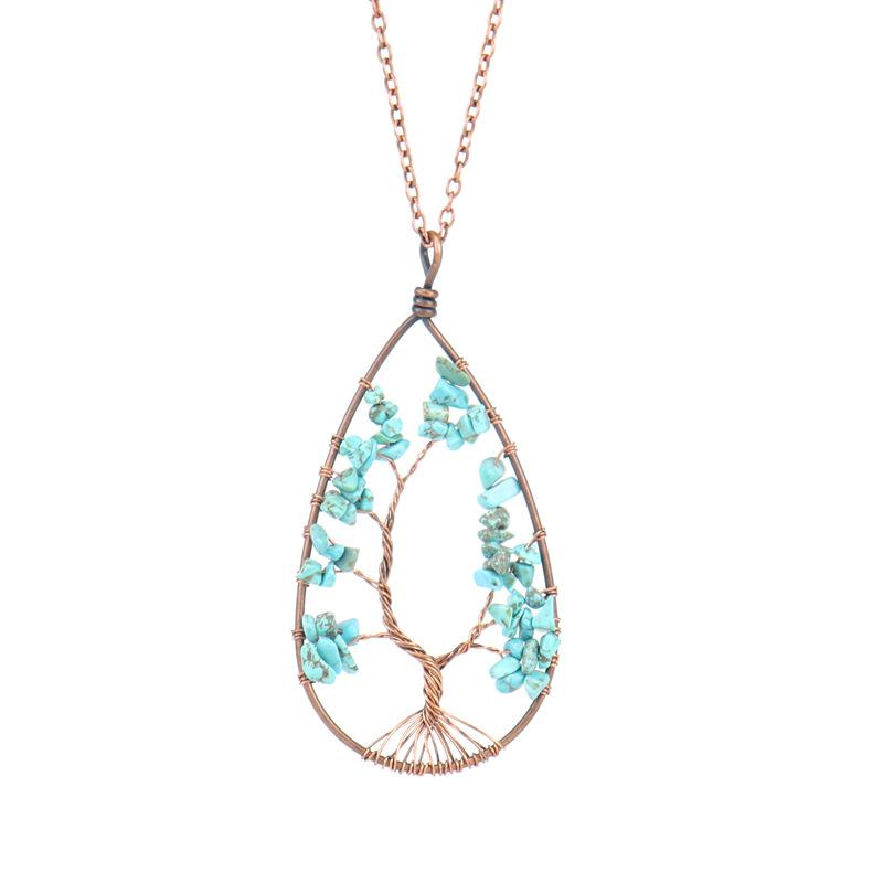 Ancient Red Copper Winding Natural Stone Crystal Water Drop Shaped Tree Of Life Necklace Colorful Stone Pendant N29