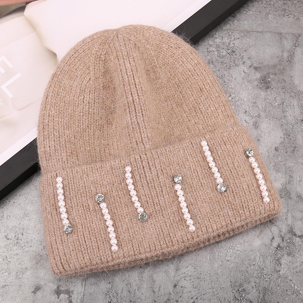 Autumn and winter new fashion rabbit hair blended rhinestone pearl installation versatile knitted hat outdoor simple warm wool hat