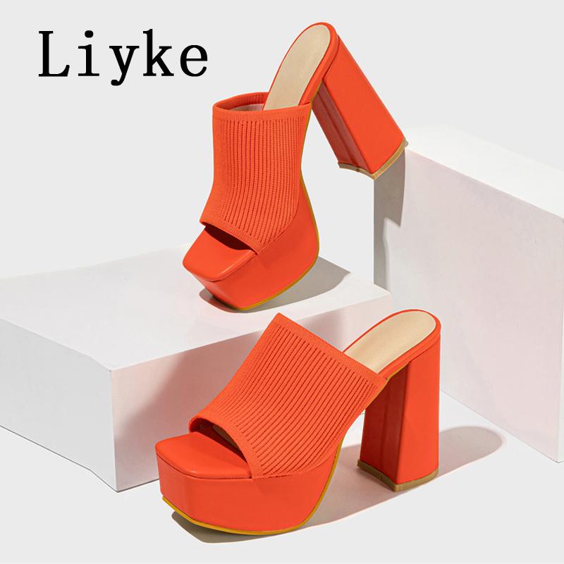 Fashion Liyke Summer Fashion Green Knitting Women's Slippers Banquet Nightclub Platform Chunky High Heels Slide Mule Shoes Female Sandal