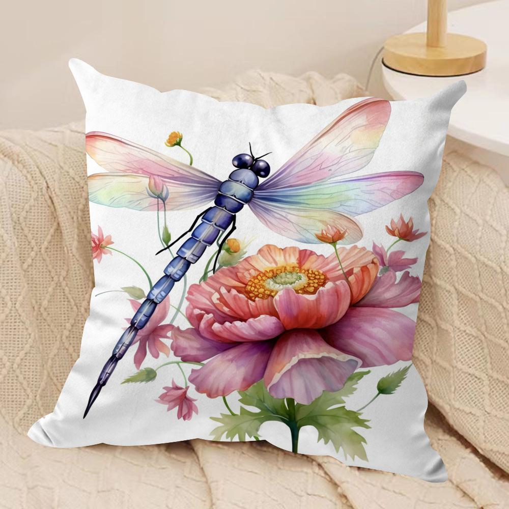 Watercolor Dragonfly and flower Cushion Cover Short plush Doublesided Print Square Throw Pillow Covers Sofa Home Cushion Decor