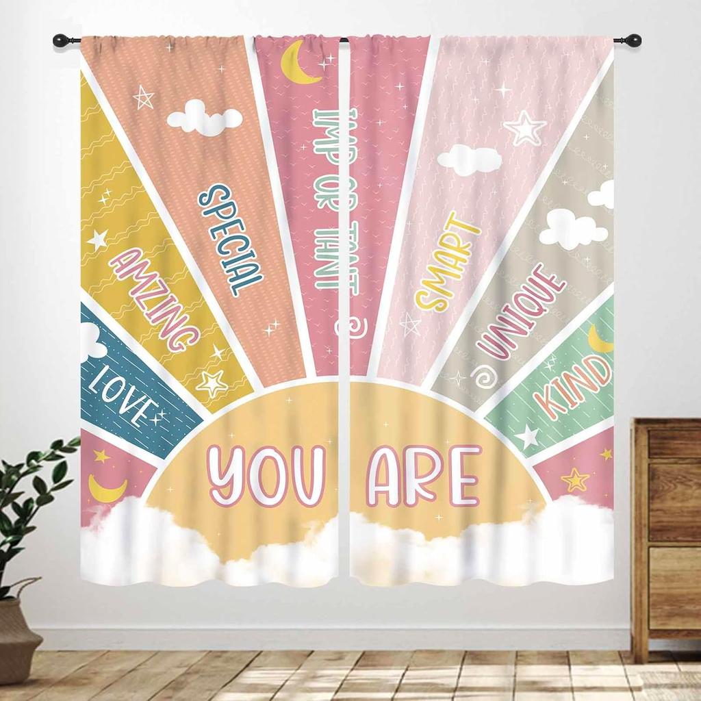 Rainbow Quote Curtains Kids Cartoon Cute Flowers Sun Lovely Inspirational Motivational Words Boys Girls Bedroom Window Polyester Decor Treatment