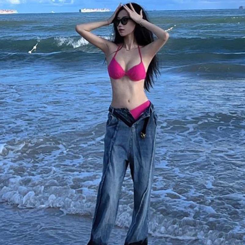 

Art test swimsuit Bikini rose red bikini steel tray small chest gathering sexy three-point photo XL рожевий червоний колір