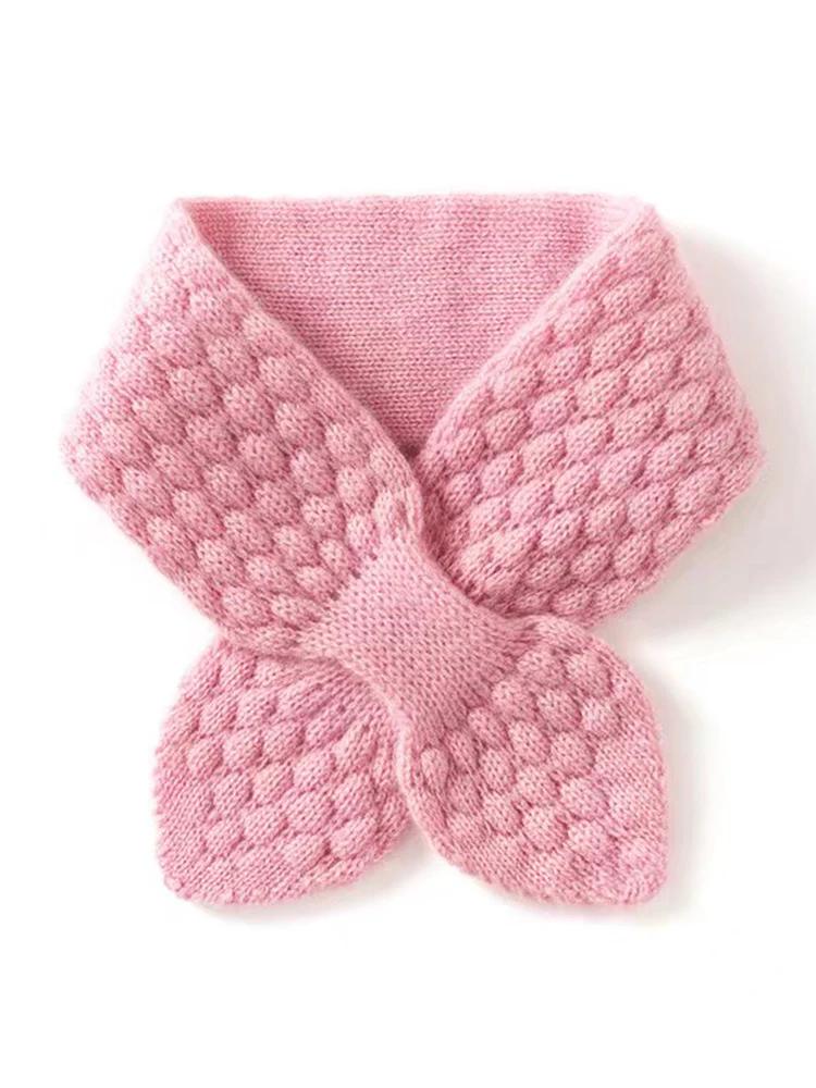 Women 100% Pure Cashmere Knitted Small Bowknot Scarf Neckerchief Moss Stitch Soft Neck Warmer Ring Collar Female Boutique Acc