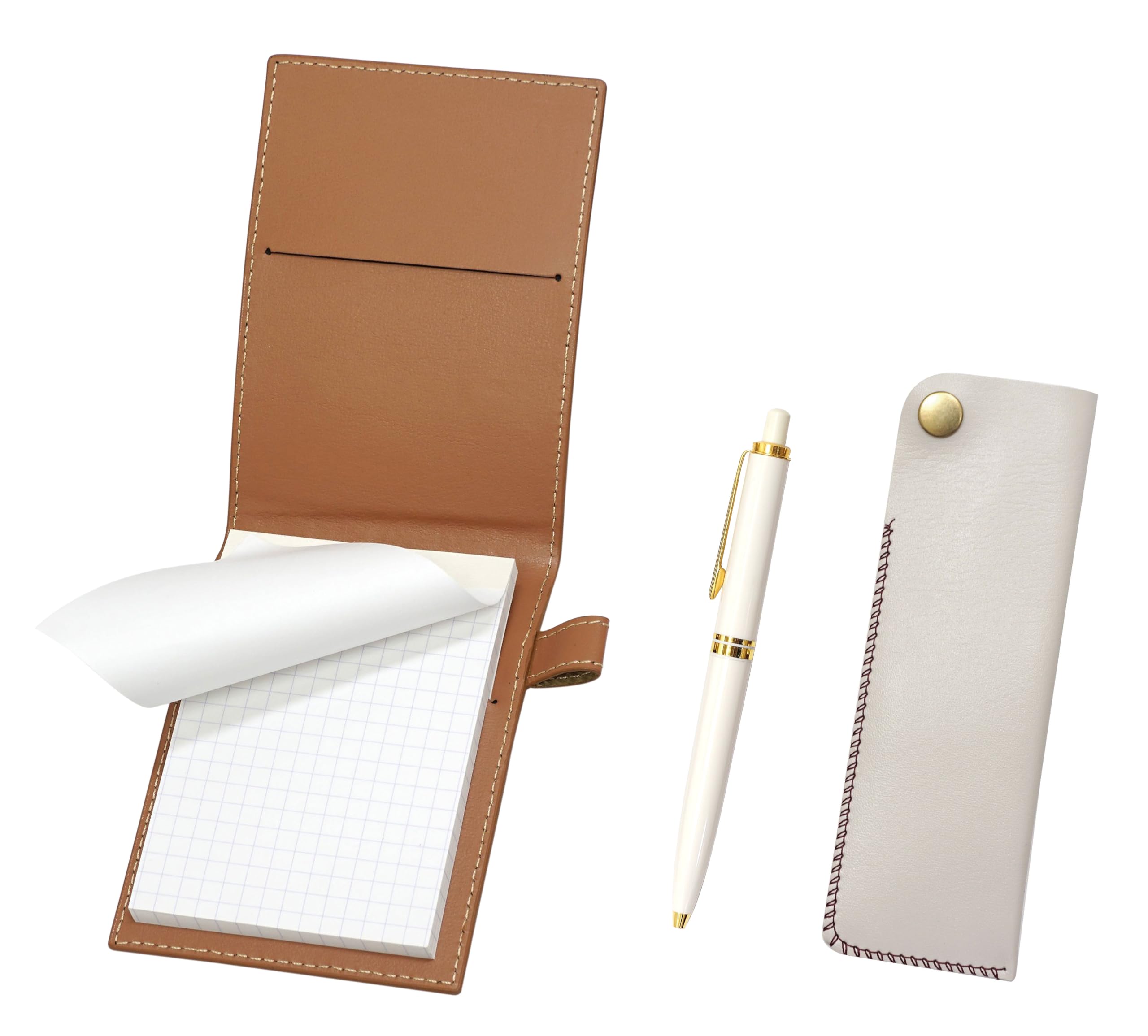 

Recycled cowhide mini notebook cover in with a white pen case and a white ballpoint pen set mocha, snap-closure Euro-style brass-clad белый
