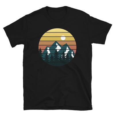 Retro Berg Zonsondergang Avontuur Kamperen Backpacken Korte Mouw Unisex T-Shirt