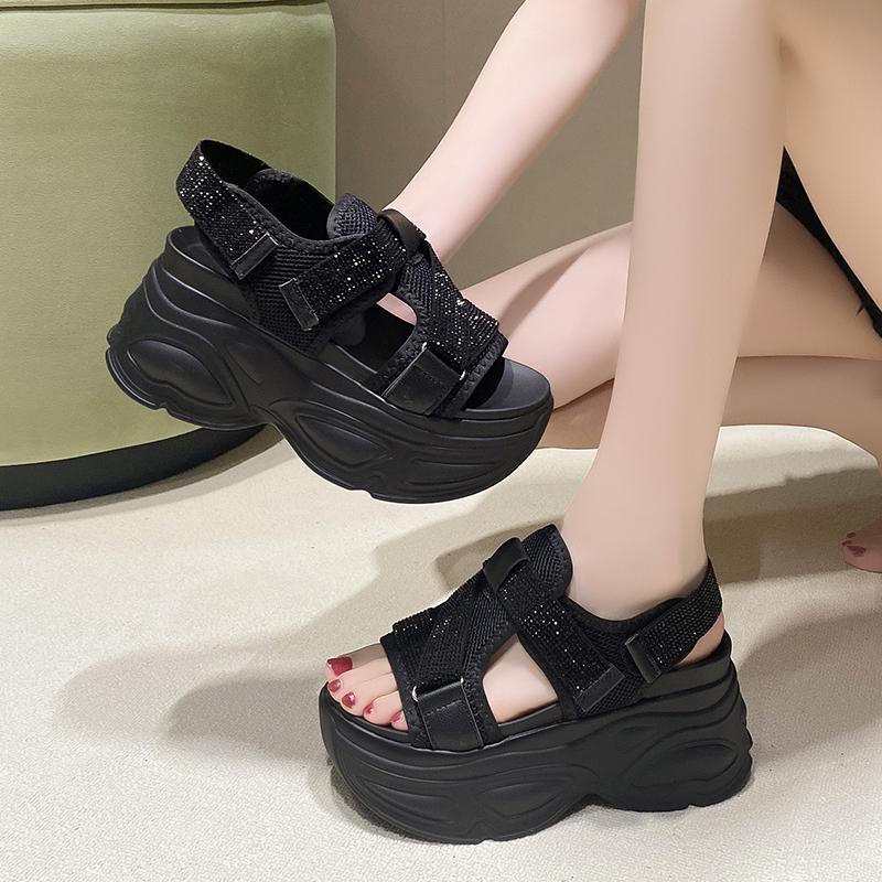 Modne sandały na platformie 8,5 cm dla kobiet, błyszczące koturny na wysokim obcasie, letnie sandały z cyrkoniami zapinane na rzep, masywne sandały, klapki plażowe, zapatos mujer