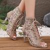 Mesh Stiletto Sandals Summer New Round Toe Sequin Cloth Cutout Front Lace-Up Non-Slip High-Top Fish-Mouth Sandals