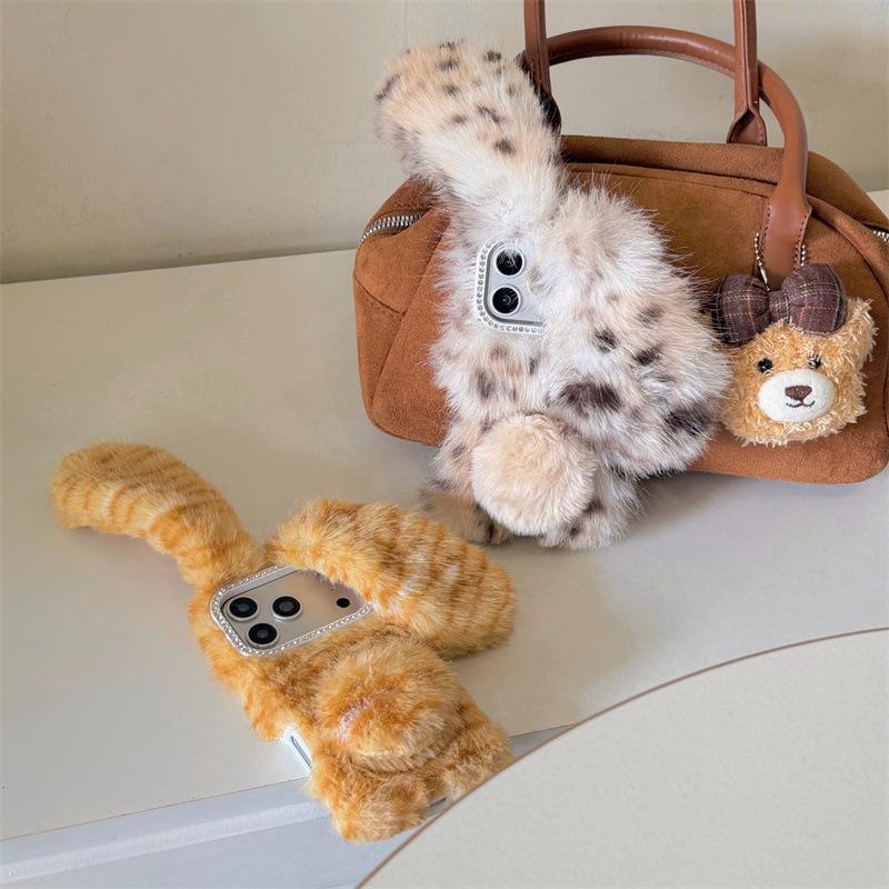 Leopard Print Plush Cat Ear Anti-Drop Phone Case for iPhone 14/13/12/11 PRO/MAX