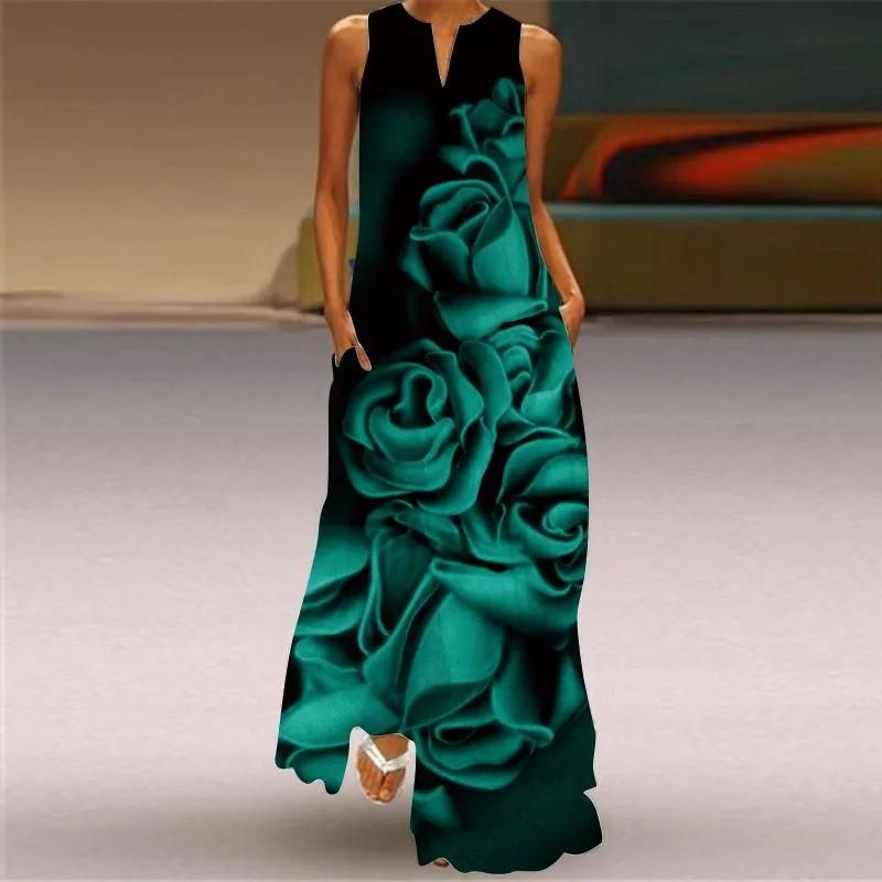 Women's Fashion Sleeveless Long Dress Pocket V Neck Print Casual Vintage Dress