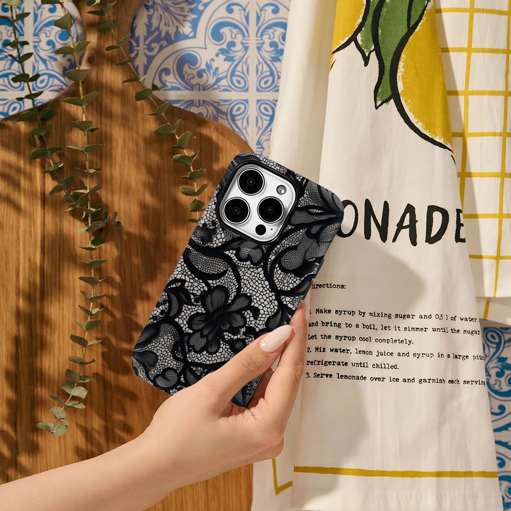 Luxury Black Lace Pattern Phone Case for iPhone 16 15 14 13 12 11 Pro Max Plus Luxury Magnetic Double-layer Back Cover