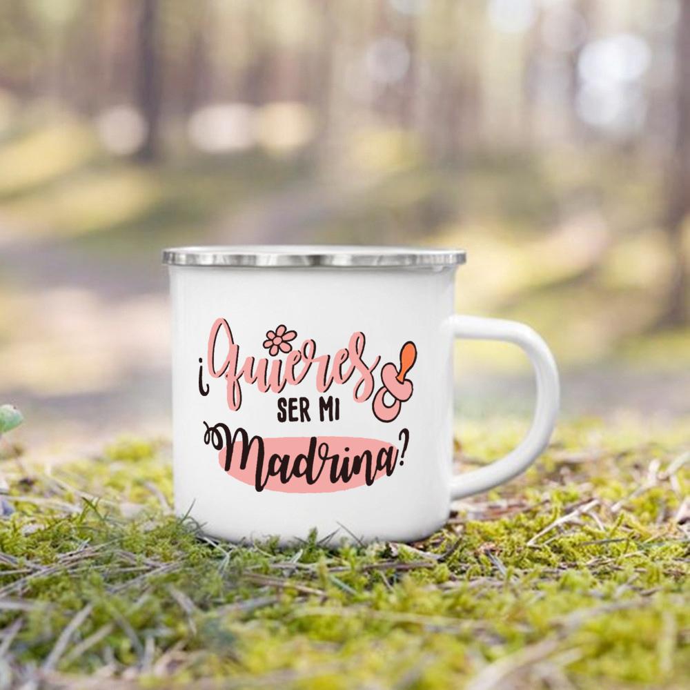 Möchtest du meine Patentante sein? Bedruckte Emaille-Tasse für Getränke, Milch, Kaffee. Antrag auf Patenamt. Retro-Tassen. Beste Idee Geschenke für Madrina