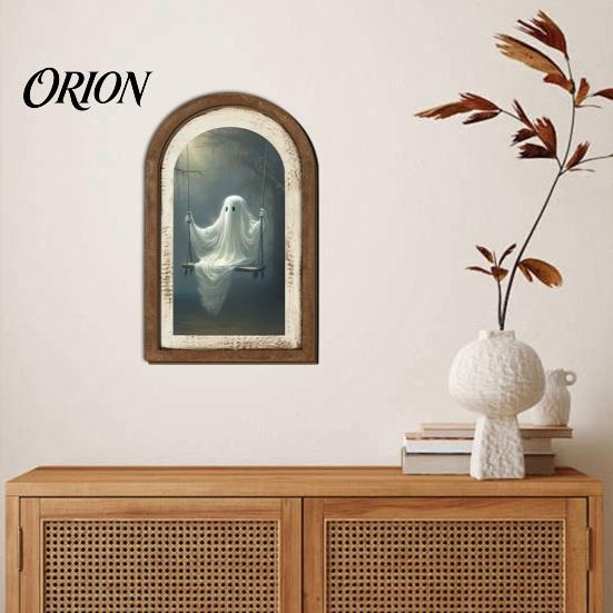Cute Ghost Decoration Arch Wooden Sign, Halloween Table Rustic Farmhouse Arched Sign Shelf Decor, Decorative Wall Art for Mantel Living Room