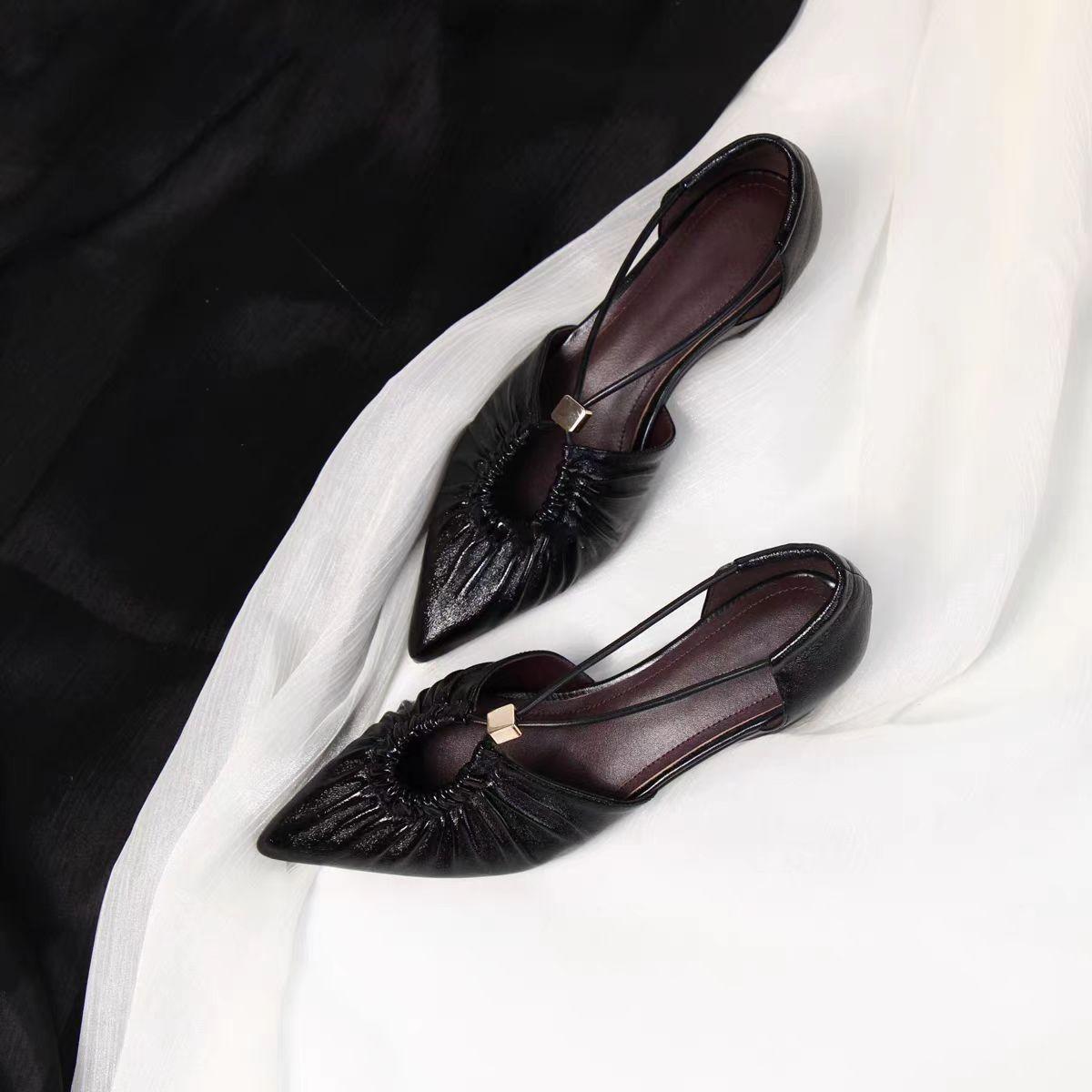 

Sheepskin version~ pointed French fold hollow word with shallow mouth single shoes commuting hollow thick heel bag head sandals women 40