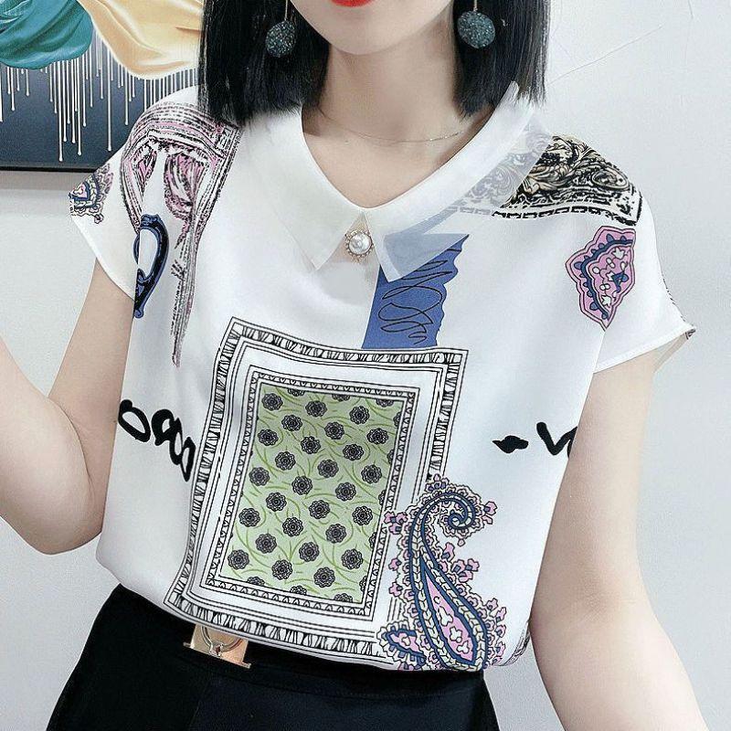 Women's Summer Chiffon Blouse POLO Collar Short Sleeve Printed Loose Plus Size Anti-see-through Casual Top