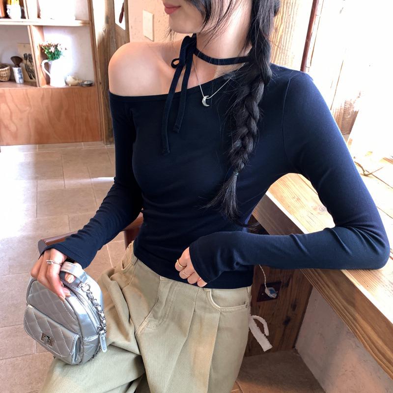 

Petite Korean Halter Neck Off-Shoulder Long Sleeve Women s Shirt, Autumn Winter 2025 Collection Large темно-синий
