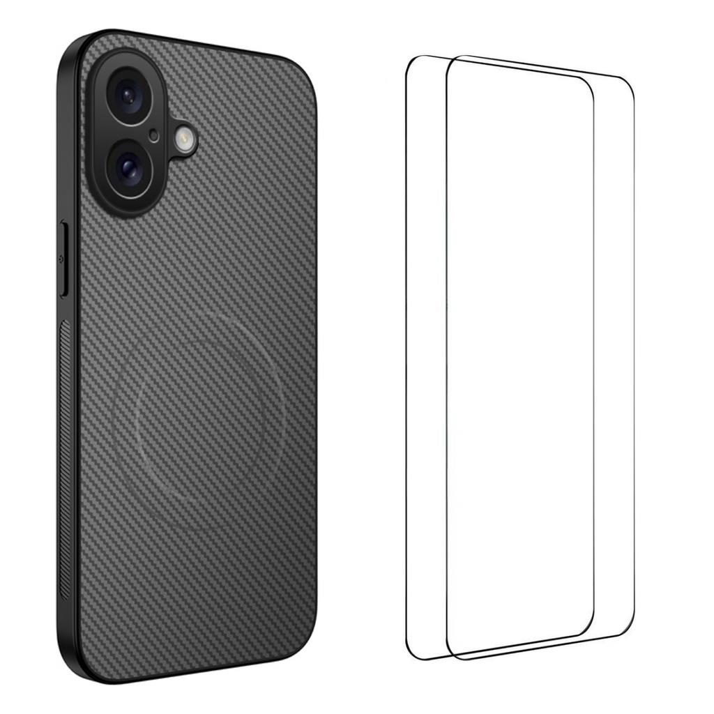 For iPhone 16 Magnetic Case WANLONFENG TQ1 Series Carbon Fiber Texture PC TPU Phone Cover with 2Pcs Screen Films