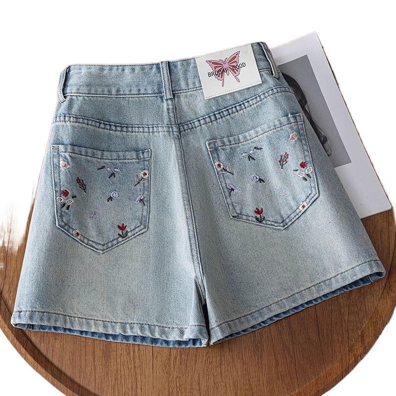 Women's High-Waist Embroidered Denim Shorts - Summer 2025, Slimming A-Line, Chinese Style Ice Silk Hot Pants