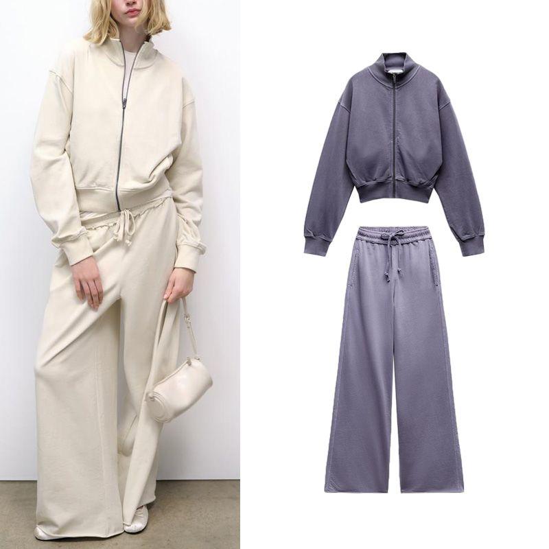 Spring New Fashion Casual Long Sleeve Stand Collar Hoodie 3199305 High Waist Flannel Jogging Pants 3199306