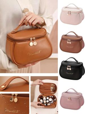 Große Doppellagige Kosmetiktasche, Wasserdichte Kosmetiktasche aus PU-Leder, Make-up-Organizer, Leichte Kulturtasche mit Komp