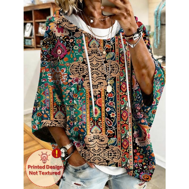 Women's Large Size Hooded Sweatshirt, Elegant and Comfortable with Retro Pattern Print