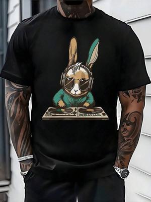 DJ Rabbit Grafik Digital Bedrucktes T-Shirt 220g 1 Stück Street Style Herren Freizeit 100% Baumwolle T-Shirt Hip Hop Musik Thema Mode Top