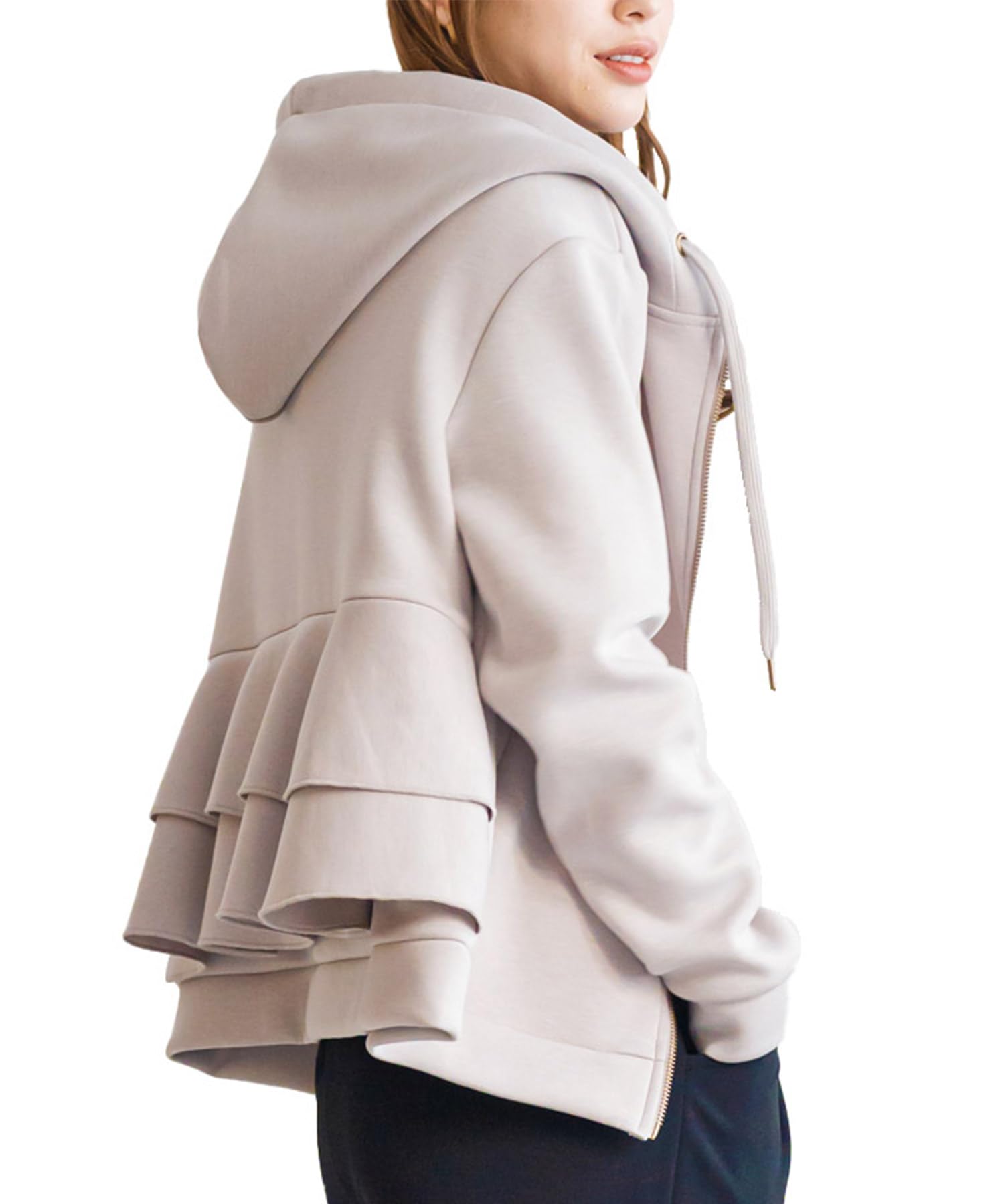 

Milliandeni Back Frill Long Size L Women s Hoodie, Zip-Front Hoodie, Sleeve, Greige,