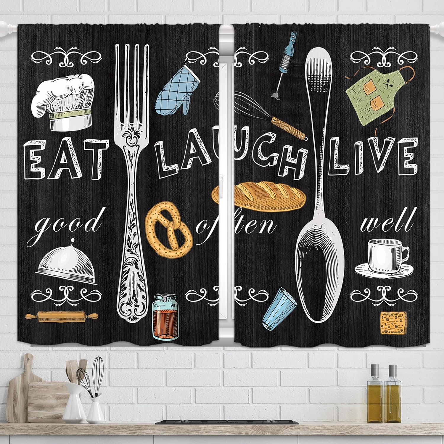 Curtain European Style, Modern Decorative Piece, Hand-Painted Tableware Print Print Curtain Rod Pocket Curtain, Ideal For Kitchen Area, Cafe W50xH140(CM)x2PCS&Rod pocket