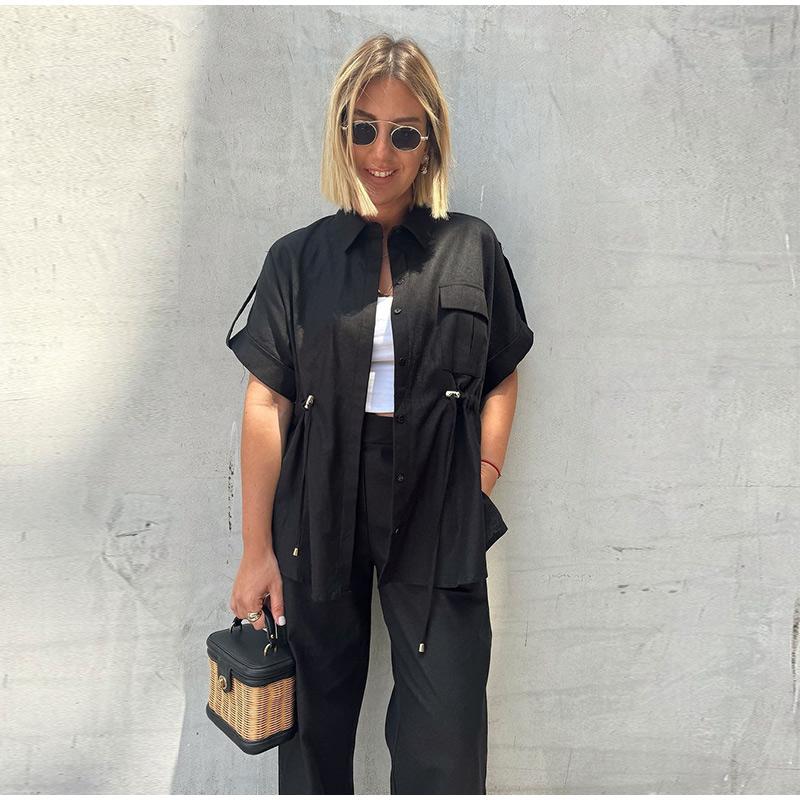 Set de damă cu șort cu șnur și mânecă scurtă, culoare uni, pantaloni lungi, cu trei culori la alegere, cu talie marcată, stil casual, vară, set nou pentru femei