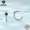 Bisaer 925 Sterling Silver Vintage Heart-shaped Black Zircon Earrings for Women Birthday Gift Fine Jewerly