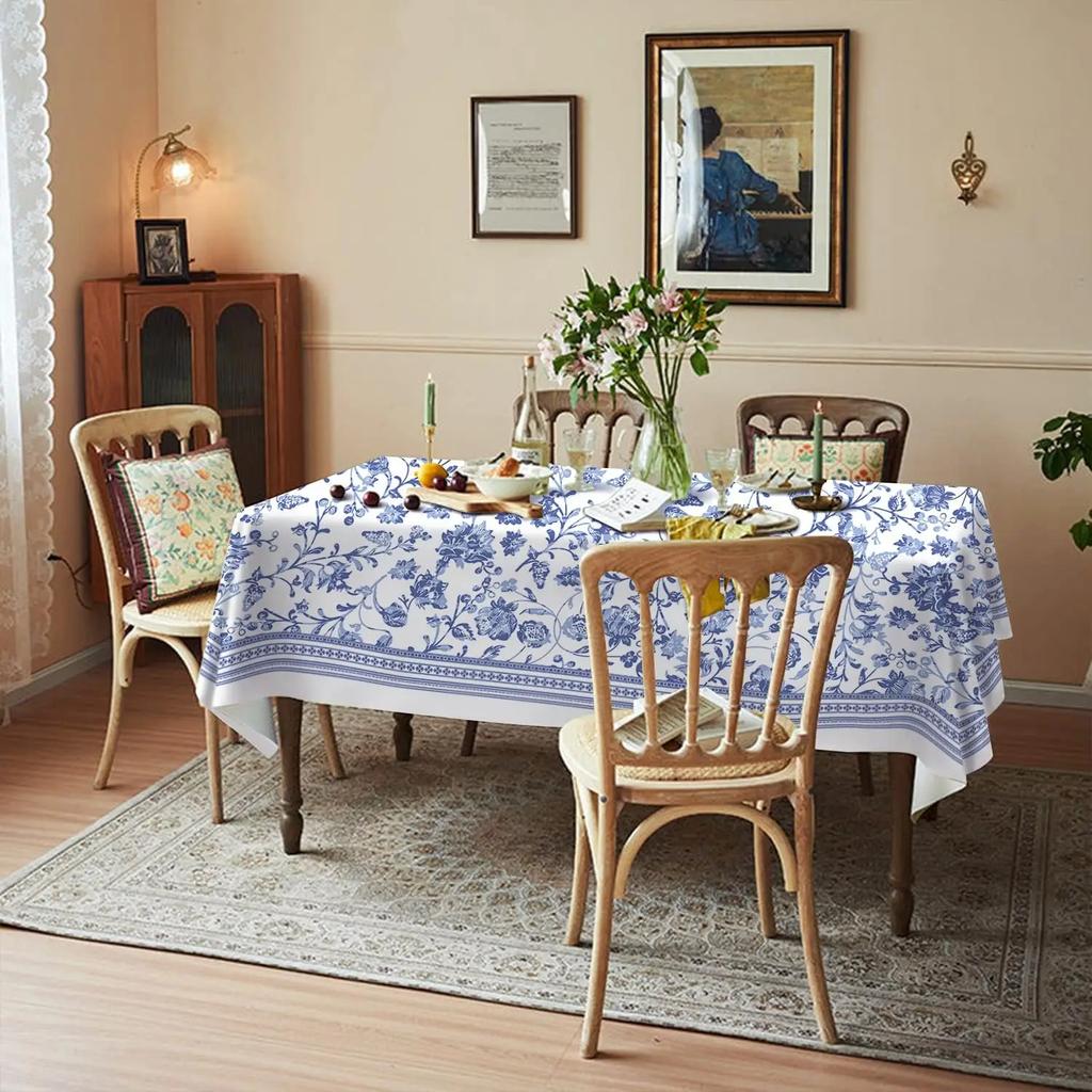 Blau-florales rustikales rechteckiges Tischdecken-Küchen-Esszimmer-Dekor Wasserdichte Tischdecke für Tisch-Feiertagsparty-Dekorationen
