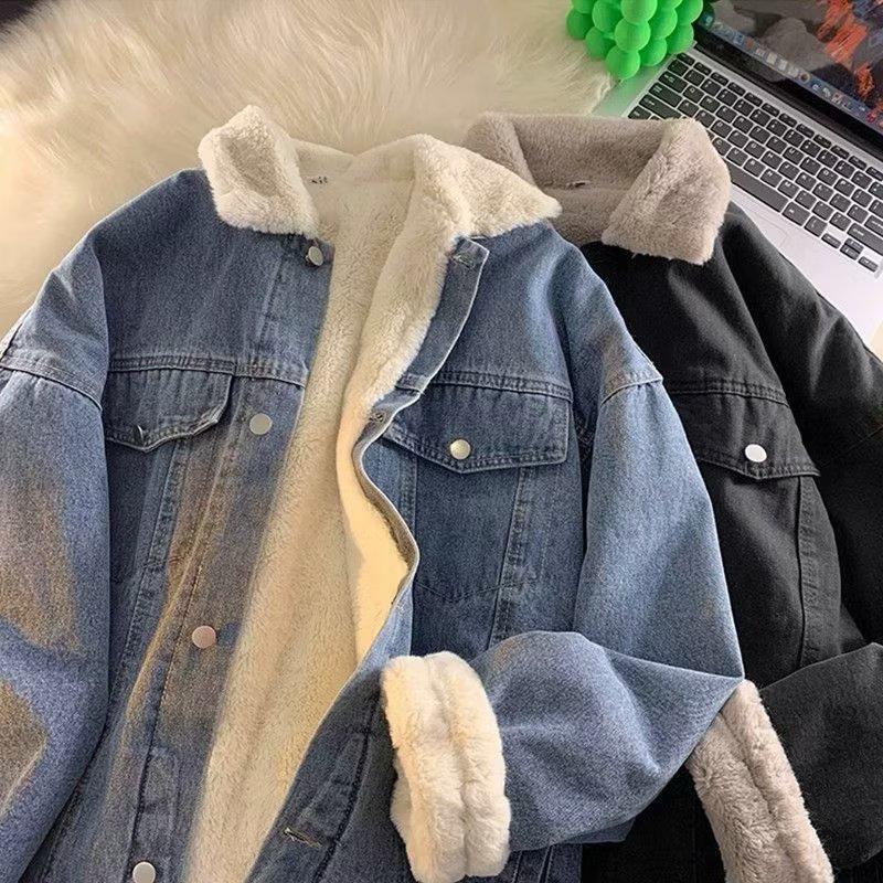 Winter harbor style fleece denim jacket men s trendy men s jacket trendy lamb fleece with side pockets trendy brand M