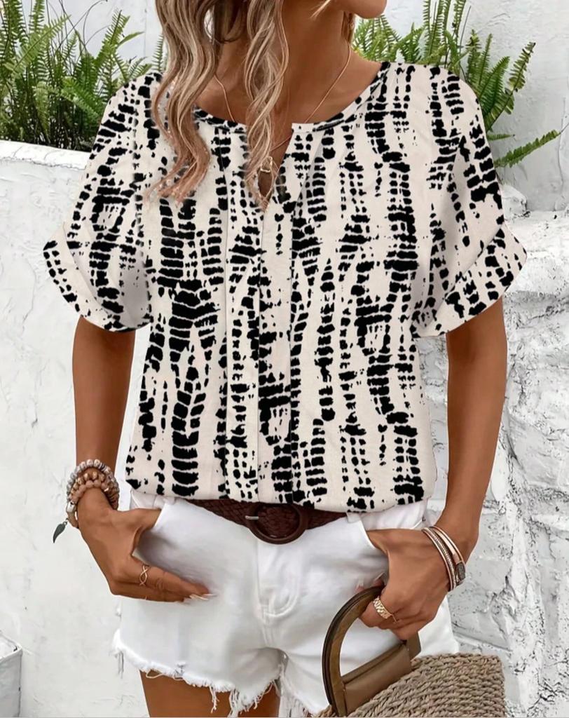 European and American Style New Loose Printing Short-sleeved Shirt Women's V-neck Casual Top Fashionable and Versatile