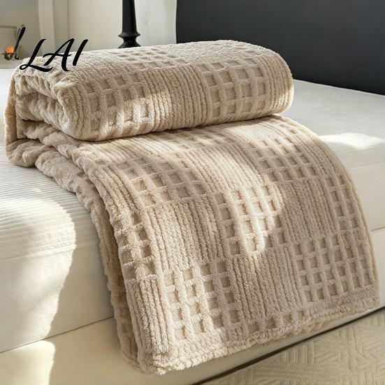Decorative Textured Throw 3D Waffle Checkered Blanket Solid Color Milk Fleece Plush Lightweight Warm Soft Cozy Cover for Couch Bed Office Naps