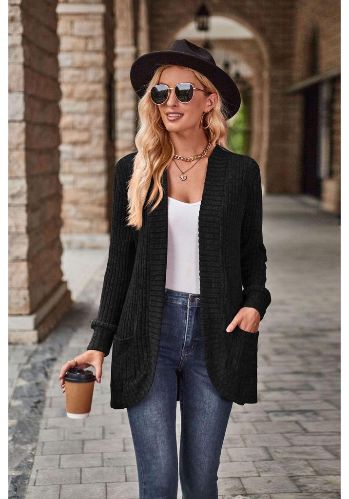 2025 Autumn Solid Color Ribbed Brushed Patchwork Long Sleeve Cardigan Jacket