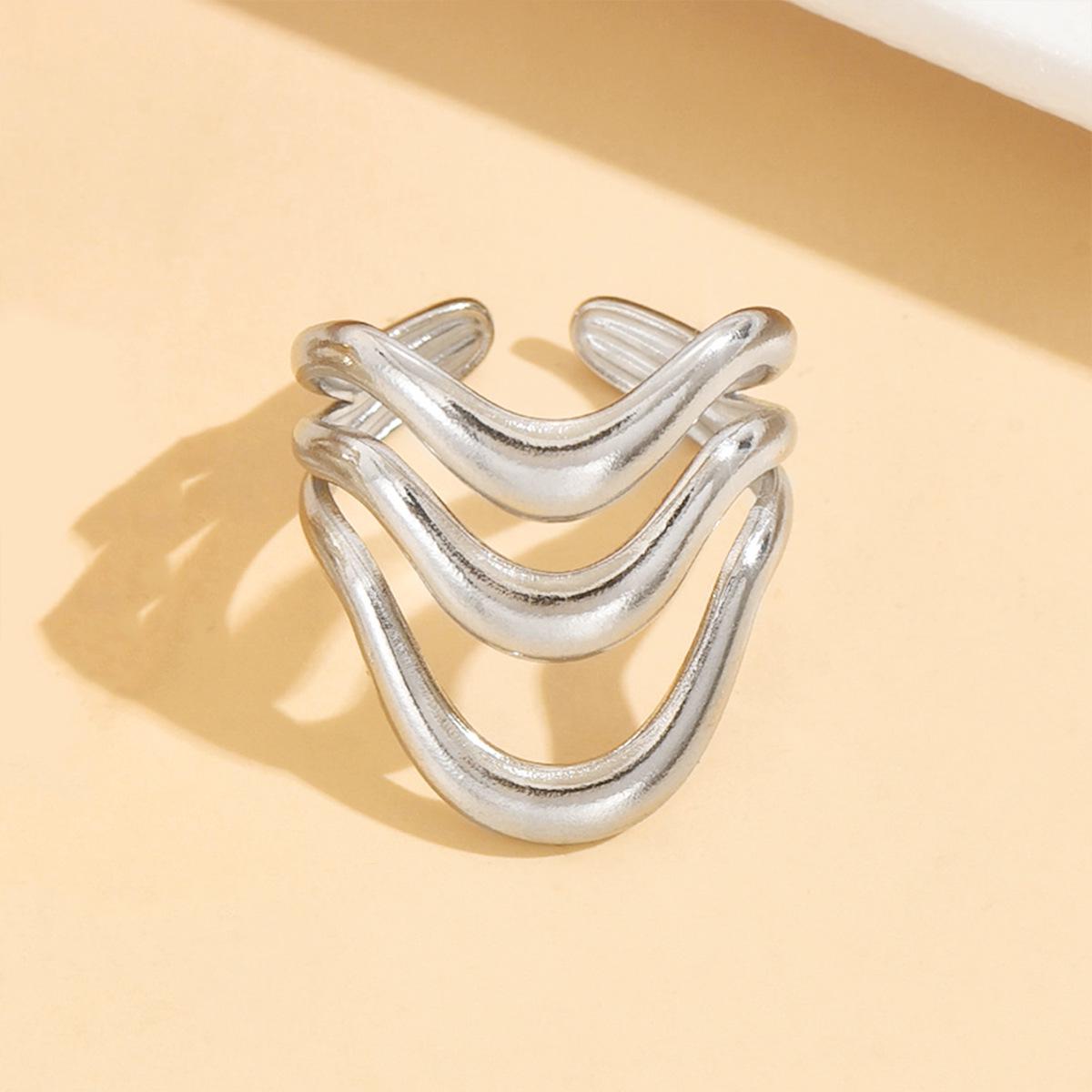 Stainless Steel Geometric Open Ring with Three Thick Lines